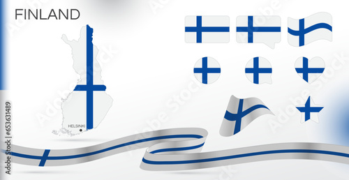 Finland flags set. Various designs. Map and capital city. World flags. Vector set. Circle icon. Template for independence day. Collection of national symbols. Ribbon with colors of the flag. Helsinki