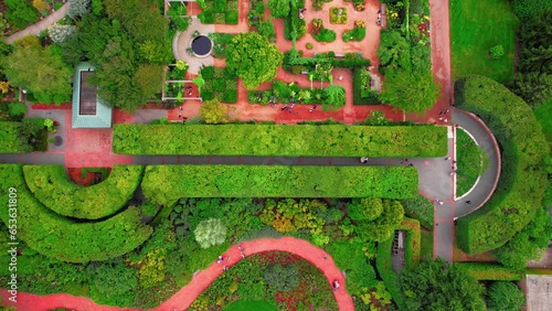 Bird-eye aerial over colorful Chicago Botanic Garden, horticultural oasis nestled in the heart of Glencoe, Illinois, just a short drive from the bustling city of Chicago. Plants and gardening concept. photo