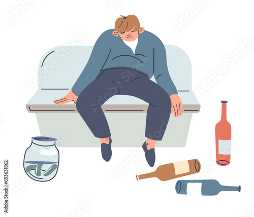 Alcoholic sitting on couch with empty bottles