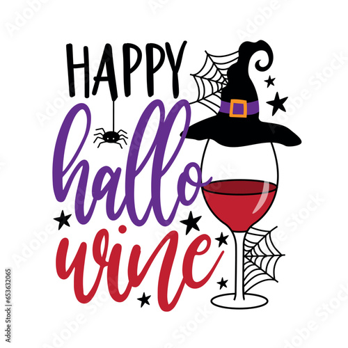 Happy hallowine - funny greeting with wineglass in witch hat. Spider and spiderweb. Good for T shirt print, poster, card, label and other decoration for Halloween. photo