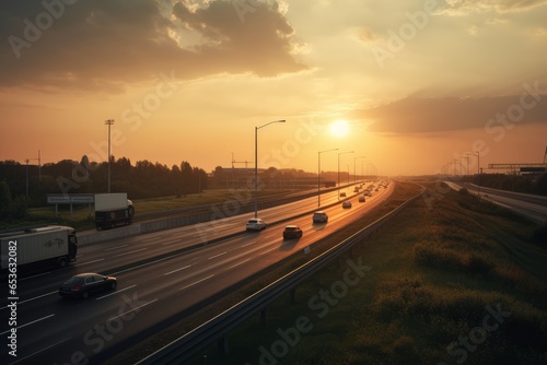 A sunset over a busy highway with cars in motion