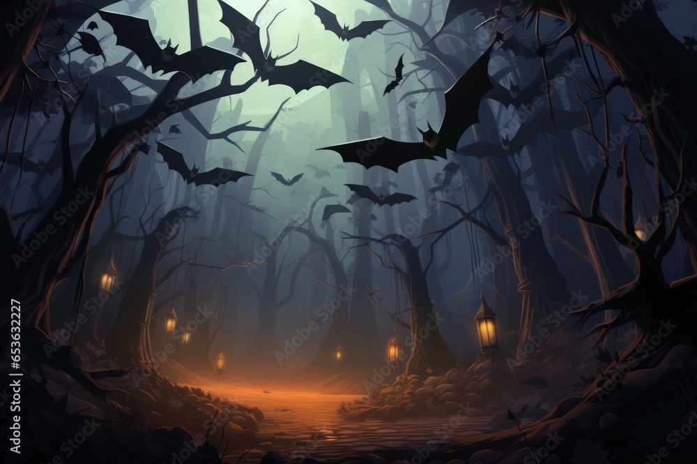 spooky halloween background with bats flying in misty forest