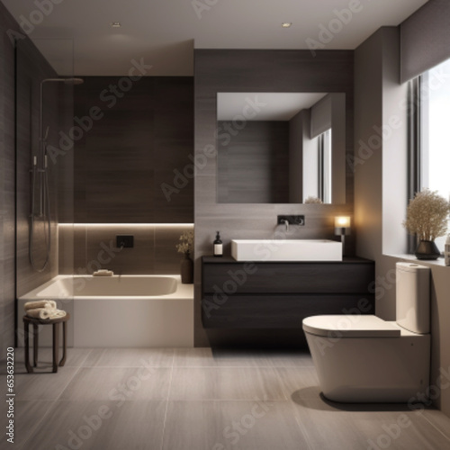 Design a sophisticated and serene washroom interior with a minimalist aesthetic. The space should be windowless  emphasizing simplicity and elegance. Incorporate a white sink with sleek silver fixture