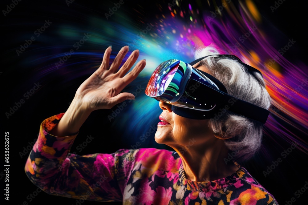 senior woman wearing virtual reality headset neon pink and blue colors horizontal website banner. Grandma in VR glasses. Augmented reality universe and futurist technology concept. senior woman wearing virtual reality headset neon pink and blue colors horizontal website banner. Grandma in VR glasses. Augmented reality universe and futurist technology concept.
