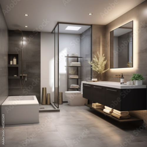 Design a sophisticated and serene washroom interior with a minimalist aesthetic. The space should be windowless, emphasizing simplicity and elegance. Incorporate a white sink with sleek silver fixture