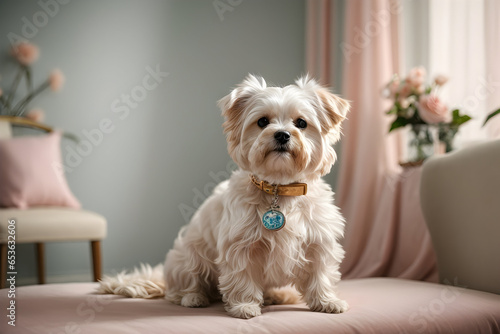 Yorkshire terrier puppy sitting on the bed,special for pet lovers