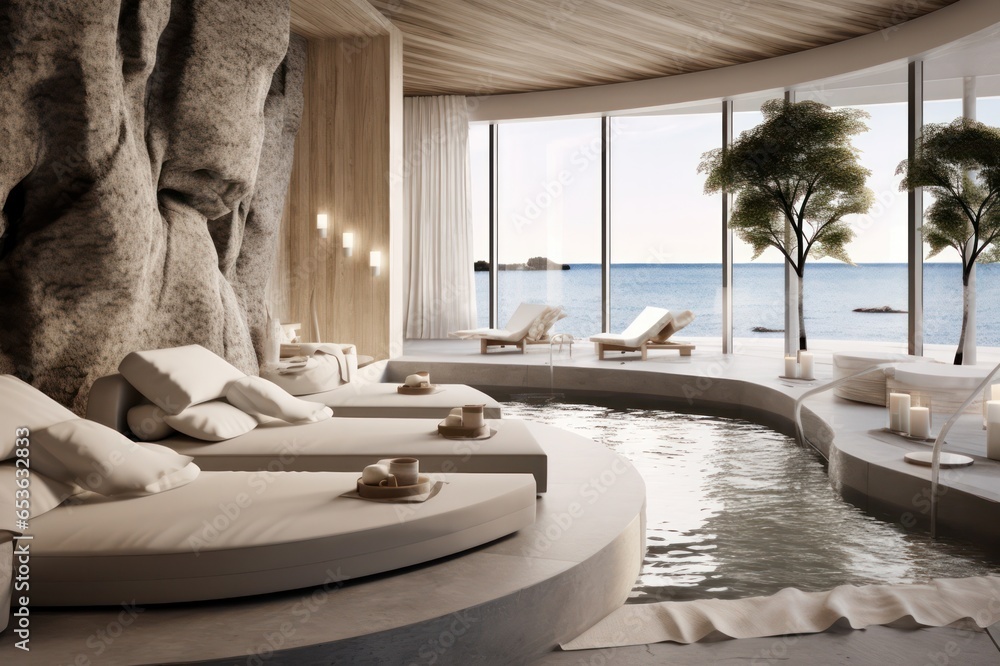 spa hotel interior on the beach scandinavian minimal style with panoramic windows - obrazy, fototapety, plakaty 