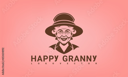 Vector graphic monochrome logo. Happy smiling elderly grandmother in a female wide-brimmed hat. Peach background.