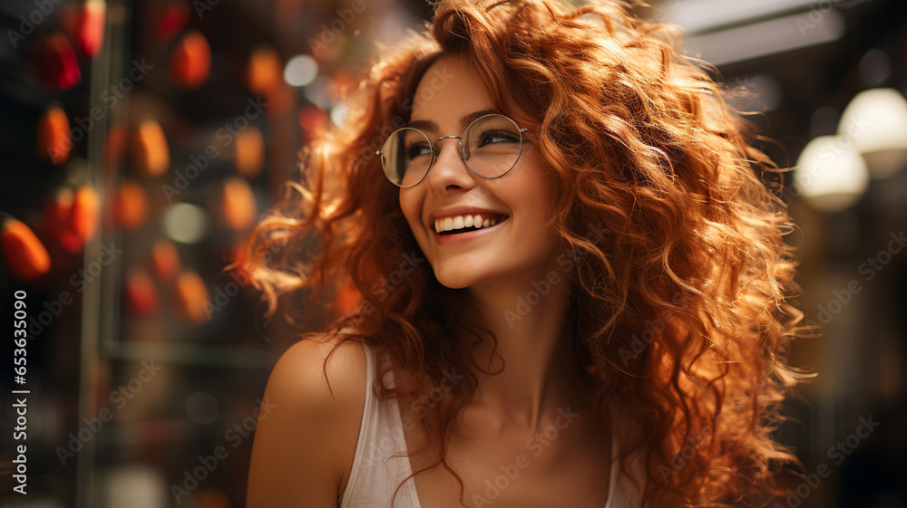 beautiful young woman with curly red hair in a cafe