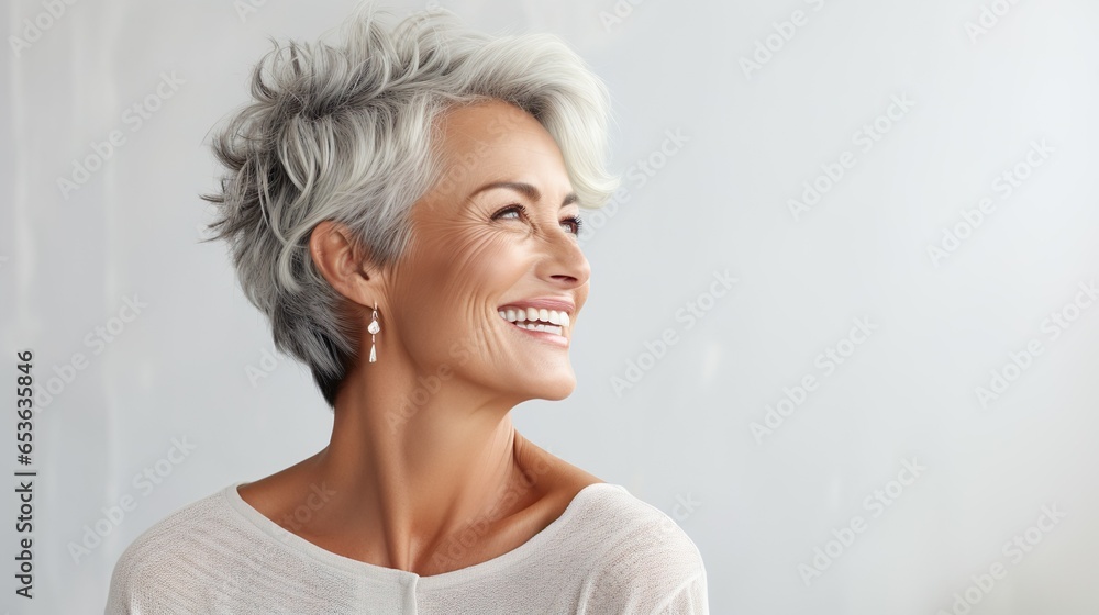 Woman in her sixties seventies, elderly elder older beautiful woman with gray hair is laughing and smiling, mature old woman with healthy face ans skin and white teeth Woman in her sixties seventies, elderly elder older beautiful woman with gray hair is laughing and smiling, mature old woman with healthy face ans skin and white teeth