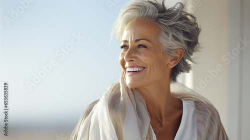 Woman in her sixties seventies, elderly elder older beautiful woman with gray hair is laughing and smiling, mature old woman with healthy face ans skin and white teeth photo