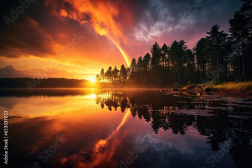 Bright color illustration - beautiful landscape early morning on a lake in the autumn forest  dawn  sunrise or sunset