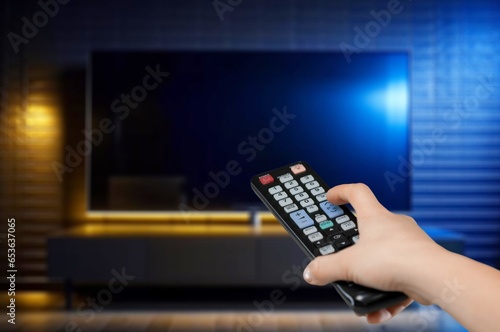Person turns on TV set with remote control, AI generated image
