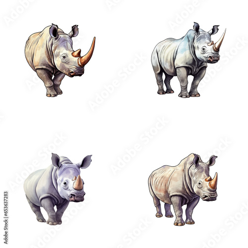 set of cute rhino illustrations for printing on baby clothes, sticker, postcards, baby showers, games and books, safari jungle animals vector