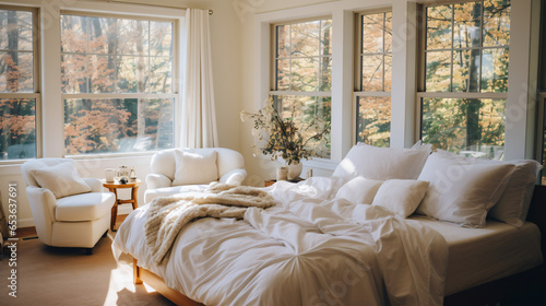 A bed with a white comforter © Mishi