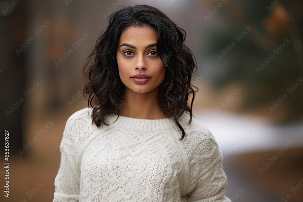 Portrait of a happy indian woman in a knitted sweater looking at the camera generative ai Portrait of a happy indian woman in a knitted sweater looking at the camera generative ai