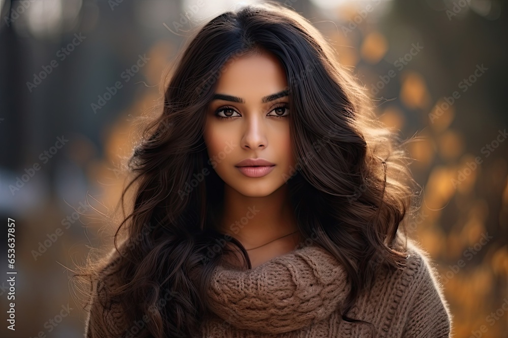 Portrait of a happy indian woman in a knitted sweater looking at the camera generative ai Portrait of a happy indian woman in a knitted sweater looking at the camera generative ai