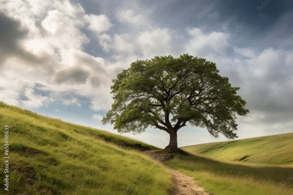 Fototapeta premium A solitary tree standing on a rolling green hill beneath a dramatic cloudy sky