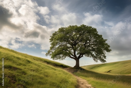 A solitary tree standing on a rolling green hill beneath a dramatic cloudy sky