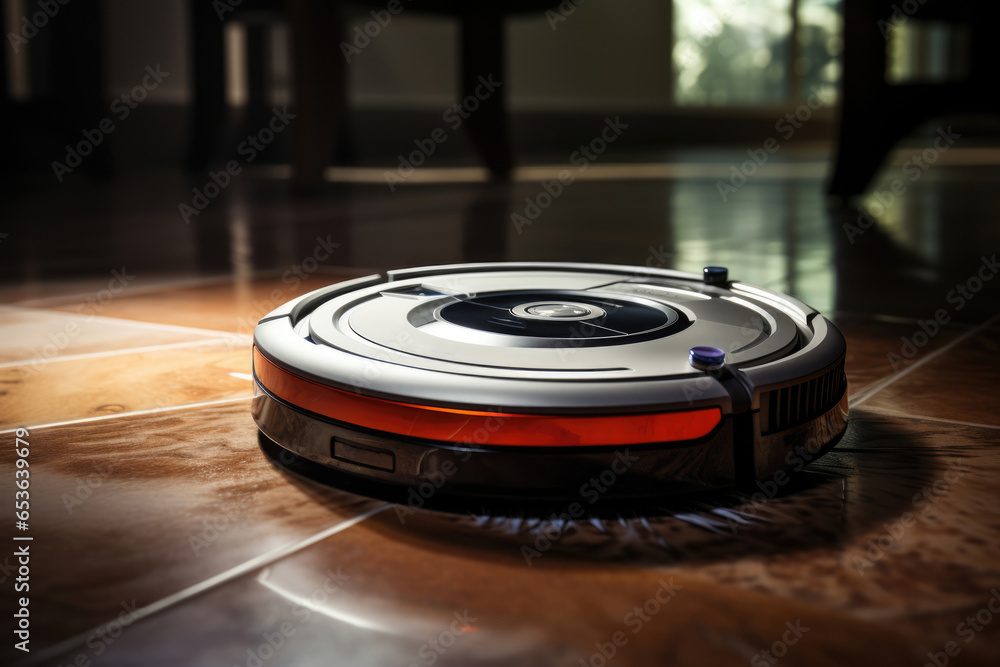 Modern smart robot vacuum cleaner cleans the apartment, modern technology concept Modern smart robot vacuum cleaner cleans the apartment, modern technology concept