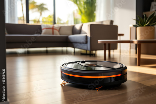 Modern robot vacuum cleaner cleans the apartment
