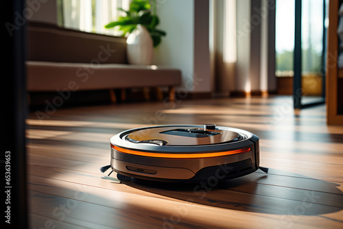 Modern smart robot vacuum cleaner cleans the apartment, modern technology concept
