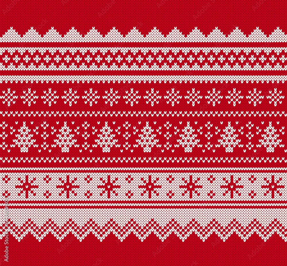 Christmas knitted seamless pattern. Knitted sweater holiday print. Xmas geometric border. Red background with tree and snowflakes. Fair isle traditional texture. Festive winter ornament. Vector. - obrazy, fototapety, plakaty 