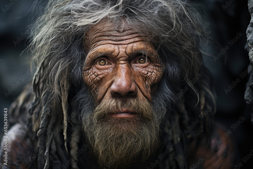 Portrait of a primitive caveman man Neanderthal dressed in animal skin Portrait of a primitive caveman man Neanderthal dressed in animal skin