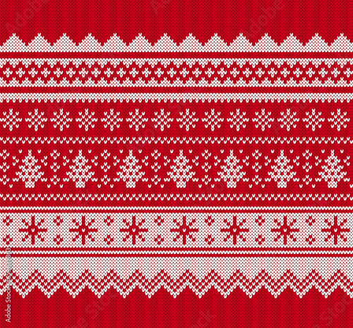 Christmas knitted seamless pattern. Knitted sweater holiday print. Xmas geometric border. Red background with tree and snowflakes. Fair isle traditional texture. Festive winter ornament. Vector.