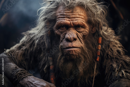 Portrait of a primitive caveman man Neanderthal dressed in animal skin
