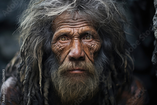 Portrait of a primitive caveman man Neanderthal dressed in animal skin