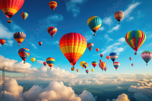 Hot air balloon against blue sky  bright background