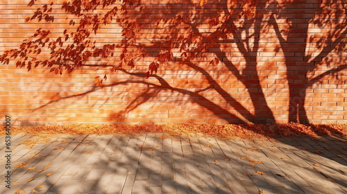 The shadow of the leaves on the red orange brick wall. House, sidewalk. Exterior street outdoors. Background. Space for product design object. Moskup stage presentation template. Nature tree plant.