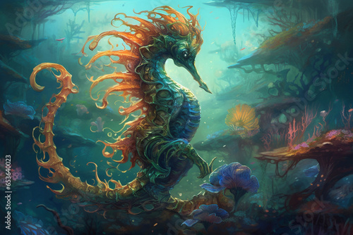 Amidst an underwater city of coral and seashells, merfolk ride seahorses through vibrant kelp forests, their tails shimmering with iridescent patterns like living tapestries. © DLC