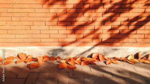 The shadow of the leaves on the red orange brick wall. House, sidewalk. Exterior street outdoors. Background. Space for product design object. Moskup stage presentation template. Nature tree plant. photo
