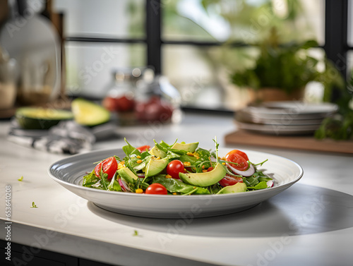 Vegan salad with green beans and fresh vegetables on white plate  kitchen table with blurred background