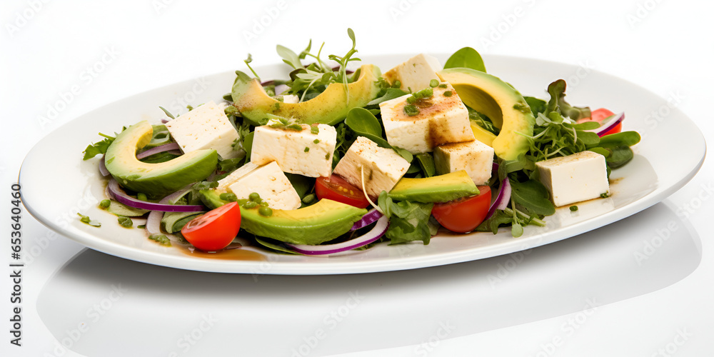 Fresh vegan salad with tofu, avocado and tomatoes on white plate, isolated on white background Fresh vegan salad with tofu, avocado and tomatoes on white plate, isolated on white background