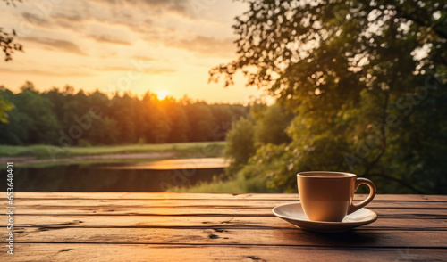 cup of coffee on wooden table against the backdrop of a blurred green landscape