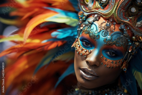 Portrait with large copy space of a woman at the carnival with feathers and fantasy makeup.