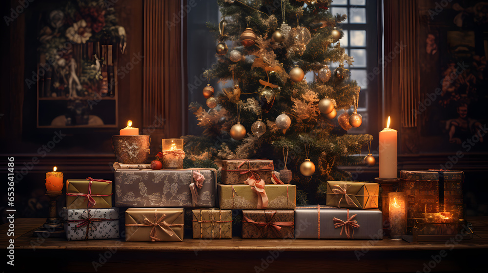 cajas de regalo variadas rojas y doradas de navidad.