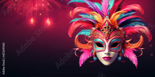 Isolated carnival mask with feathers on a panoramic background with large copy space for banner.