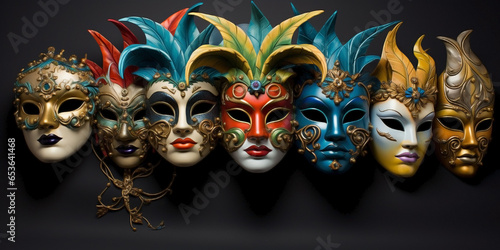 Seven carnival masks isolated on dark background.