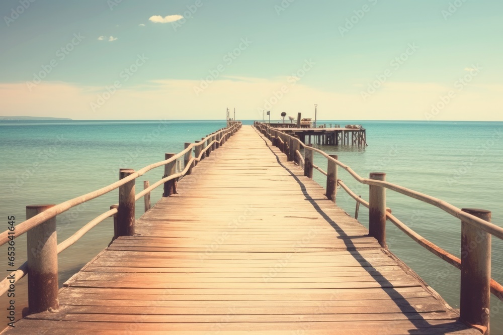 Wooden pier on ocean or sea, perspective view