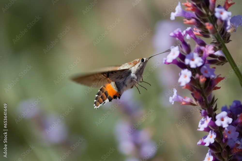 A hummingbird in flight above a vibrant purple flower A hummingbird in flight above a vibrant purple flower
