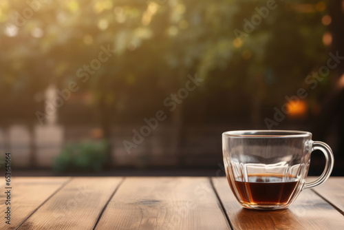 cup of coffee on wooden table against a background of blurred trees