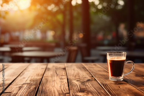 cup of coffee on wooden table against the backdrop of a blurred street cafe