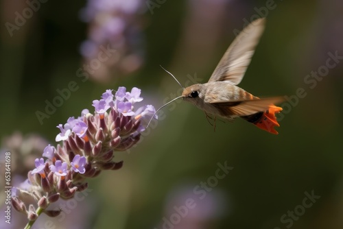 A hummingbird feeding on a vibrant flower in a sunlit field