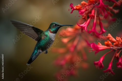 A hummingbird in mid-flight near a vibrant red flower