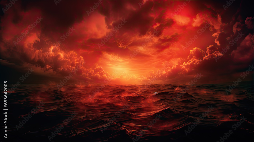 The surface and the island of red water scenery. Sky with clouds. Bloody sunset background with copy space for design. War, apocalypse, armageddon, nightmare, halloween, evil, horror concept.