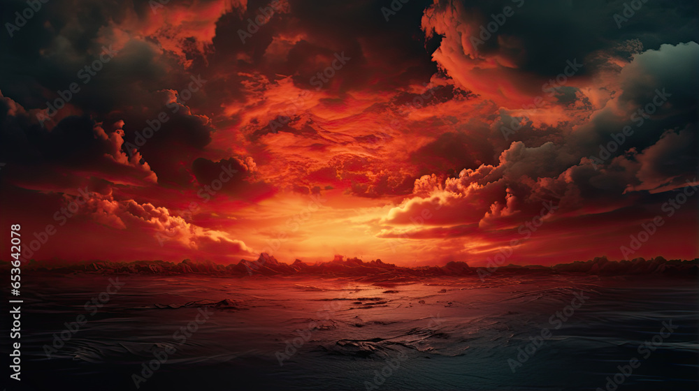 The surface and the island of red water scenery. Sky with clouds. Bloody sunset background with copy space for design. War, apocalypse, armageddon, nightmare, halloween, evil, horror concept. - obrazy, fototapety, plakaty 